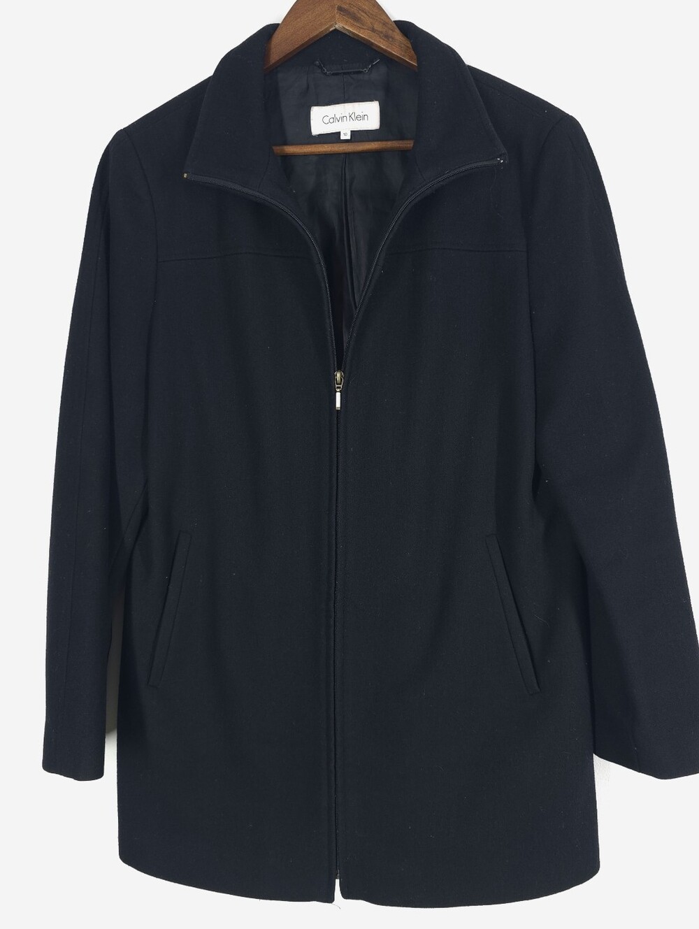 Calvin Klein Wool Blend Zip Front Coat Size 10 Black